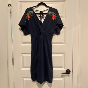 eShakti Dress Blue Embroidered Flower Floral Cotton Spandex Medium Anthropologie